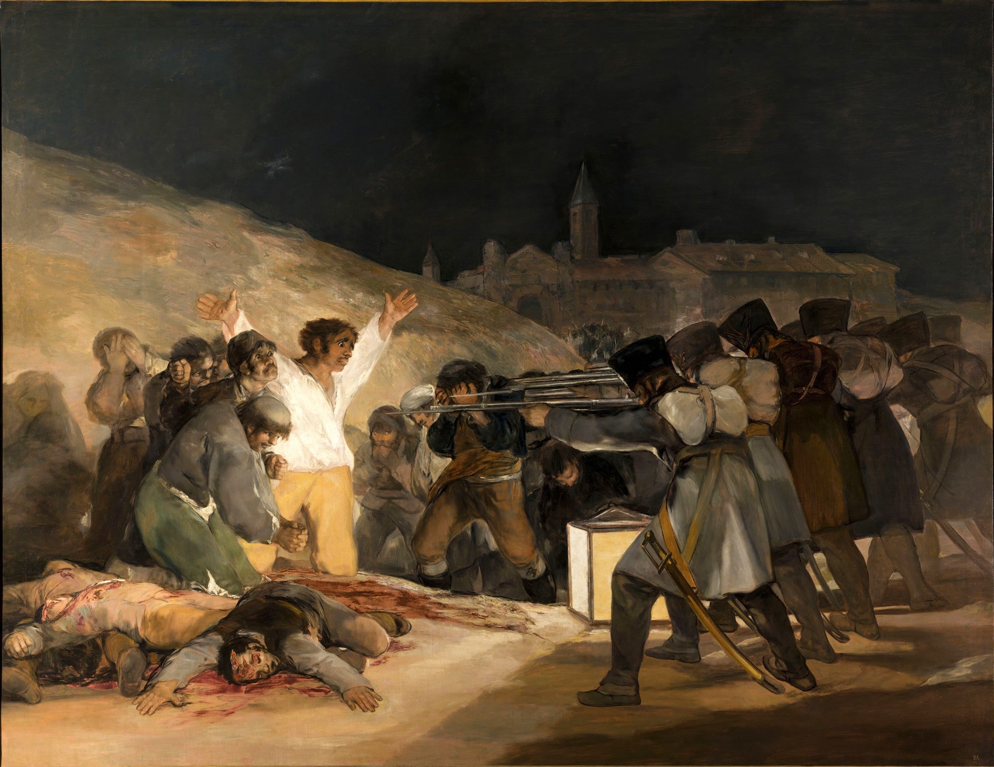 Pintura "El Tres de Mayo de 1808" de Goya, mostrando execuções com foco em um homem de camisa branca com os braços levantados diante de fuzileiros.