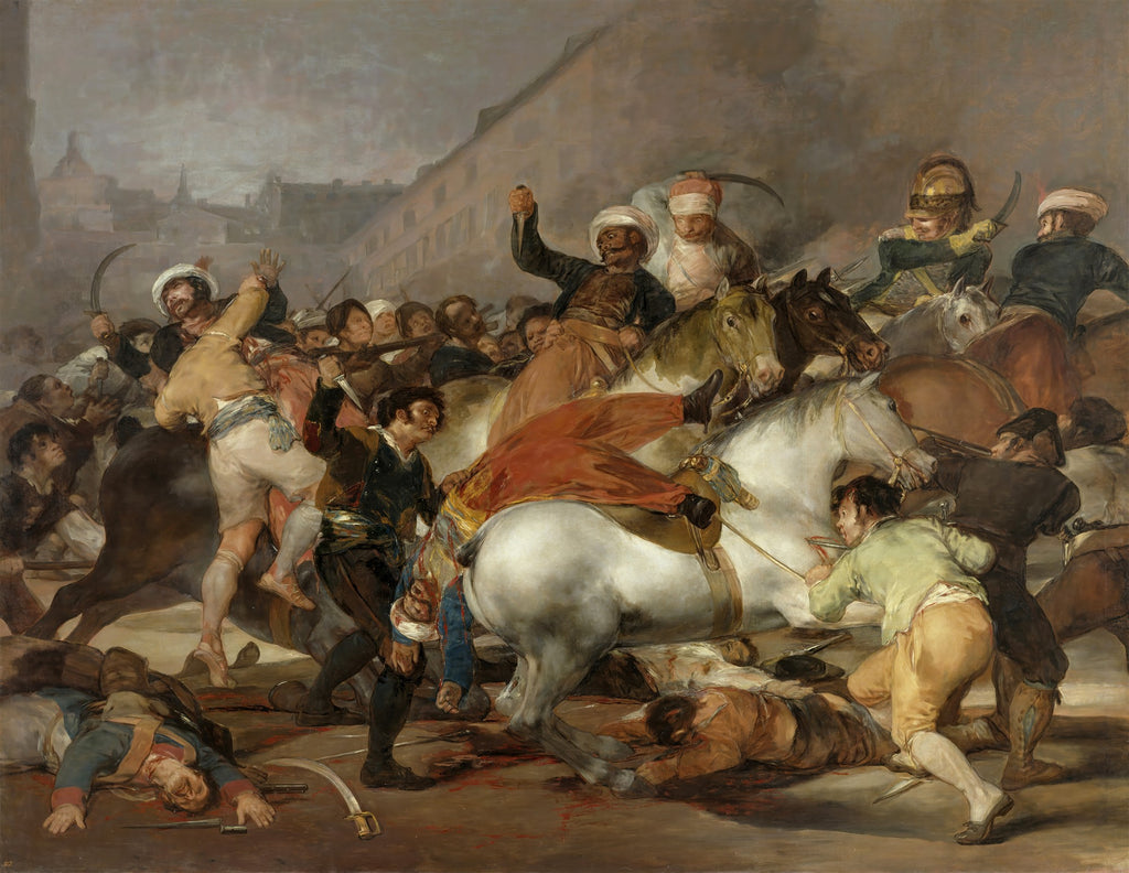 Pintura a óleo de Francisco de Goya, 'O 2 de Maio de 1808', mostrando uma cena de batalha caótica com espanhóis lutando contra mamelucos a cavalo em Madrid