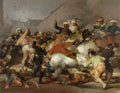 Pintura a óleo de Francisco de Goya, 'O 2 de Maio de 1808', mostrando uma cena de batalha caótica com espanhóis lutando contra mamelucos a cavalo em Madrid