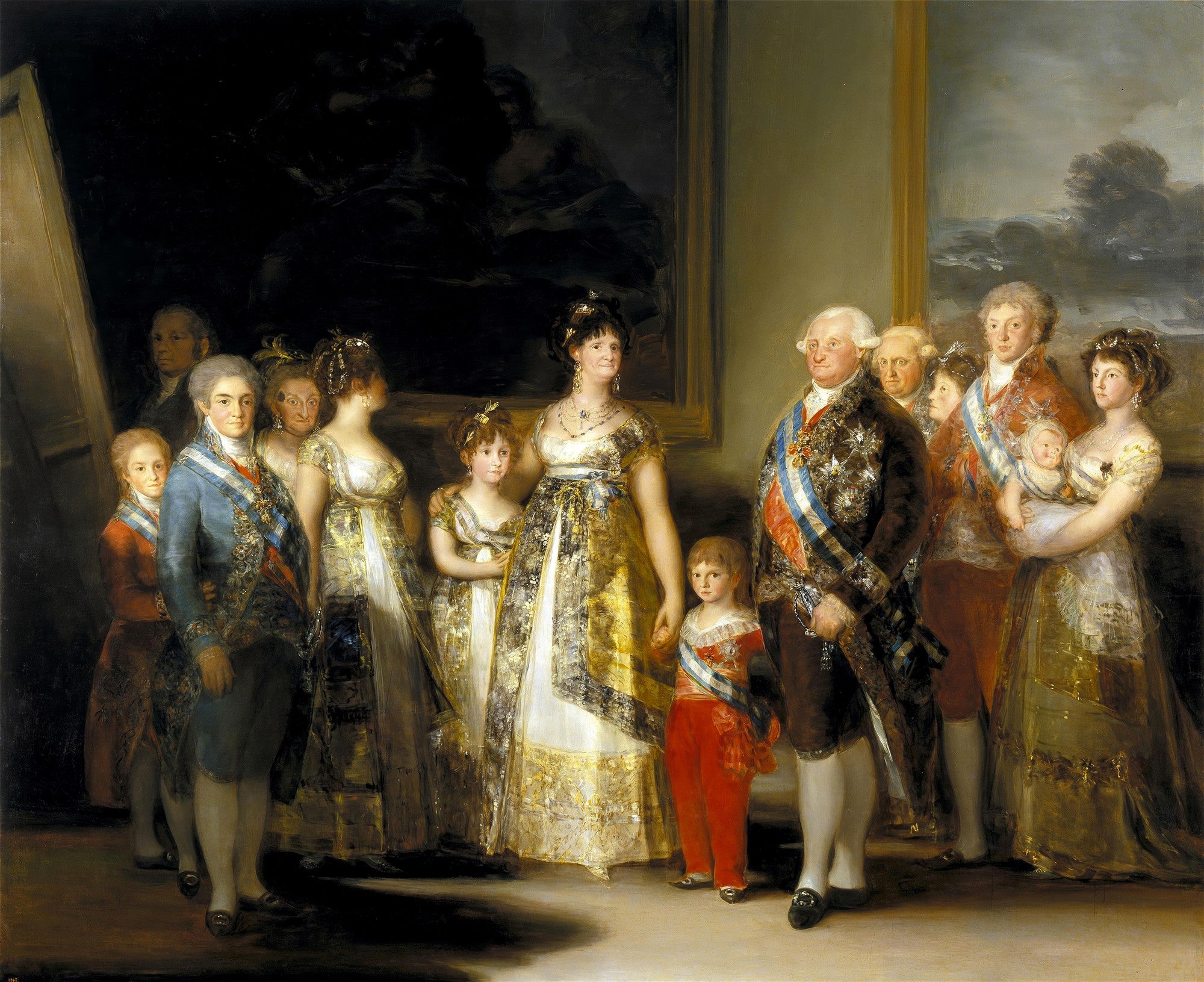 Quadro decorativo com a pintura 'A Família de Carlos IV' de Francisco de Goya, mostrando um grupo de figuras reais vestidas com trajes de gala do século XVIII, em um ambiente interno ricamente decorado.
