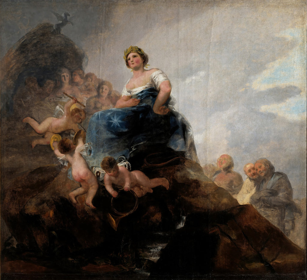Quadro decorativo 'A Alegoria da Constituição de 1812' de Francisco de Goya, mostrando uma figura feminina coroada em azul com estrelas, cercada por querubins e outras figuras alegóricas, em um fundo de montanhas e céu.