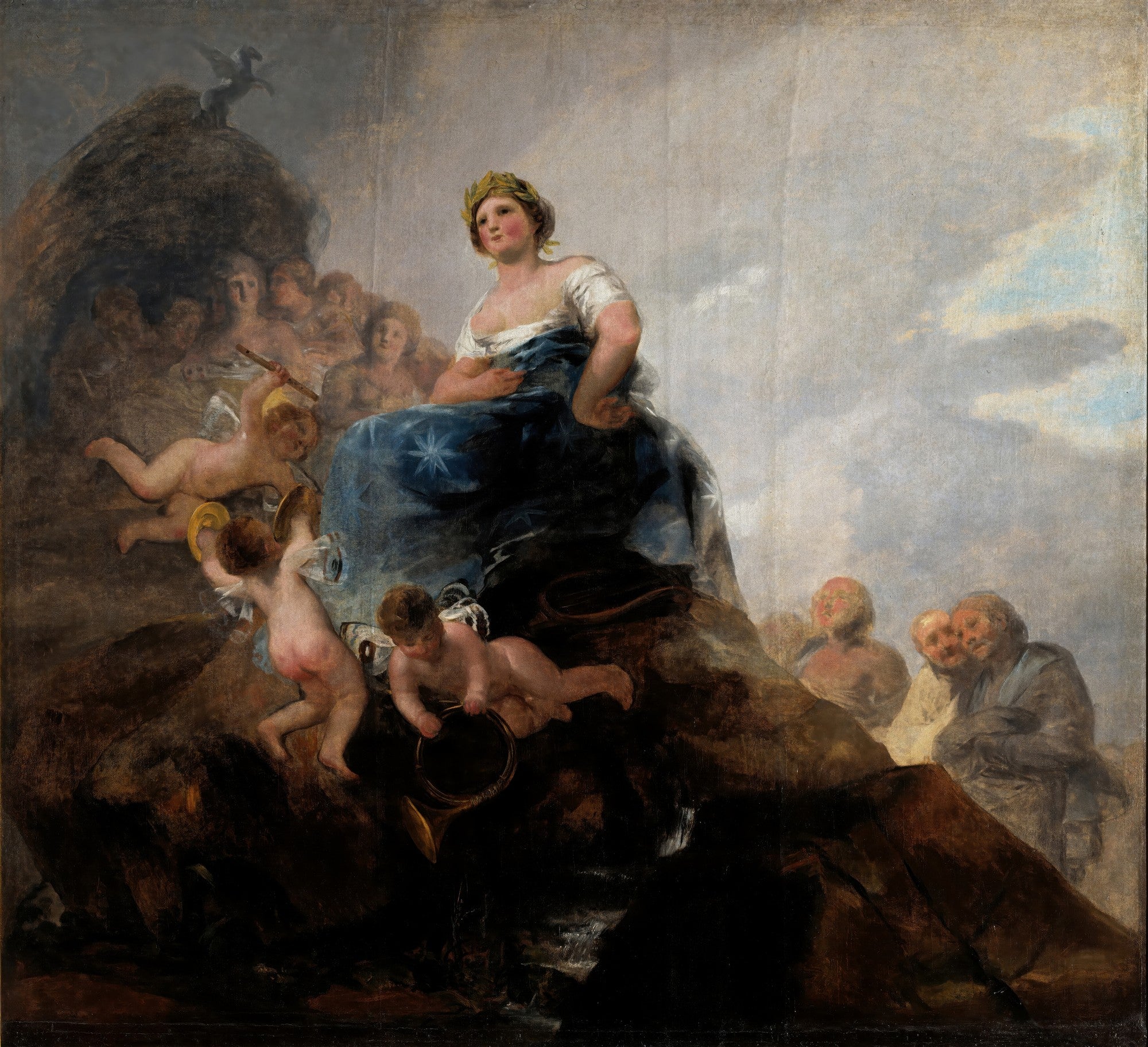Quadro decorativo 'A Alegoria da Constituição de 1812' de Francisco de Goya, mostrando uma figura feminina coroada em azul com estrelas, cercada por querubins e outras figuras alegóricas, em um fundo de montanhas e céu.