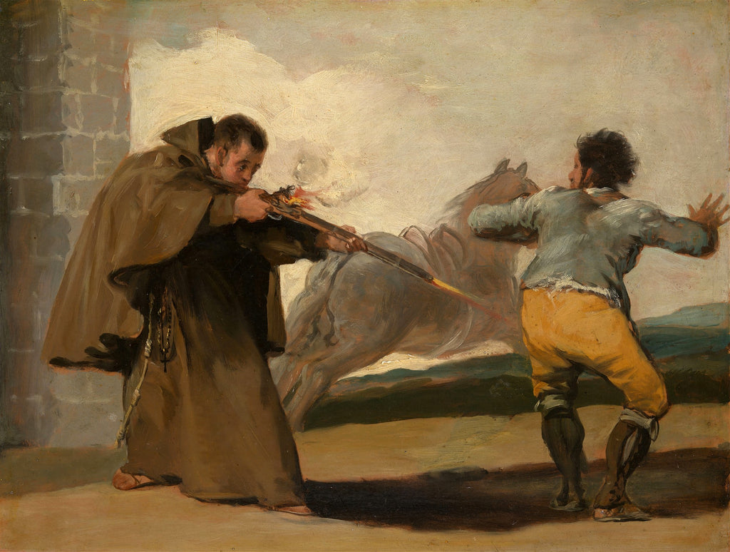 Quadro decorativo com pintura de Goya, 'A Caçada ao Touro', mostrando um homem com uma arma apontando para um touro e outro homem fugindo.