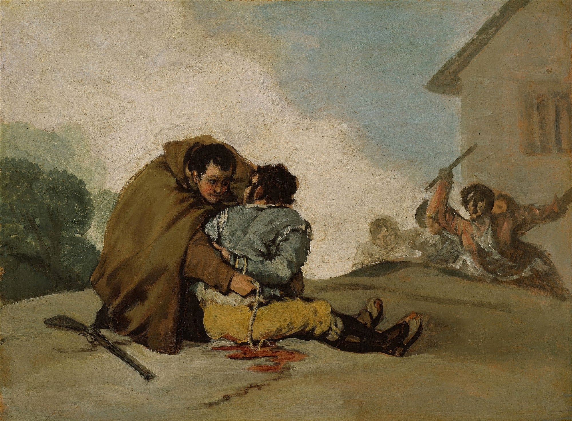 Quadro 'O Garrote Vil' de Goya, mostrando uma execução brutal e expressiva com figuras dramáticas e paleta sombria.