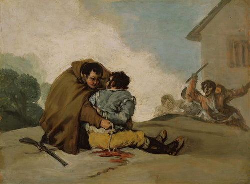 Quadro 'O Garrote Vil' de Goya, mostrando uma execução brutal e expressiva com figuras dramáticas e paleta sombria.