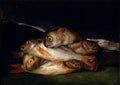Quadro decorativo com a pintura 'Natureza-morta com Peixes' de Goya, mostrando um amontoado de peixes prateados e avermelhados com olhos amarelos e grandes, sobre um fundo escuro e uma superfície esverdeada, em estilo realista e dramático.