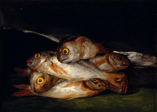 Quadro decorativo com a pintura 'Natureza-morta com Peixes' de Goya, mostrando um amontoado de peixes prateados e avermelhados com olhos amarelos e grandes, sobre um fundo escuro e uma superfície esverdeada, em estilo realista e dramático.