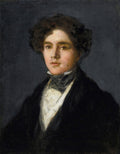 Retrato de um jovem de cabelos escuros e ondulados, vestindo um casaco escuro e camisa branca, com olhar direto e expressivo, em fundo cinza-escuro. Obra atribuída a Francisco de Goya.
