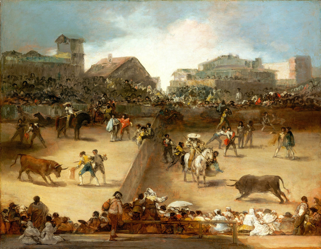 Pintura a óleo de Francisco de Goya retratando uma tourada em uma arena lotada, com touros, toureiros e espectadores.