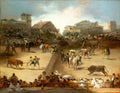Pintura a óleo de Francisco de Goya retratando uma tourada em uma arena lotada, com touros, toureiros e espectadores.