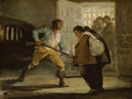 Quadro a óleo de Francisco de Goya, intitulado A Prisão, mostrando uma cena sombria e dramática com figuras em uma cela ou ambiente prisional, com um guarda apontando uma arma para um prisioneiro, e outros prisioneiros observando ao fundo. A obra tem cores terrosas e iluminação contrastante.