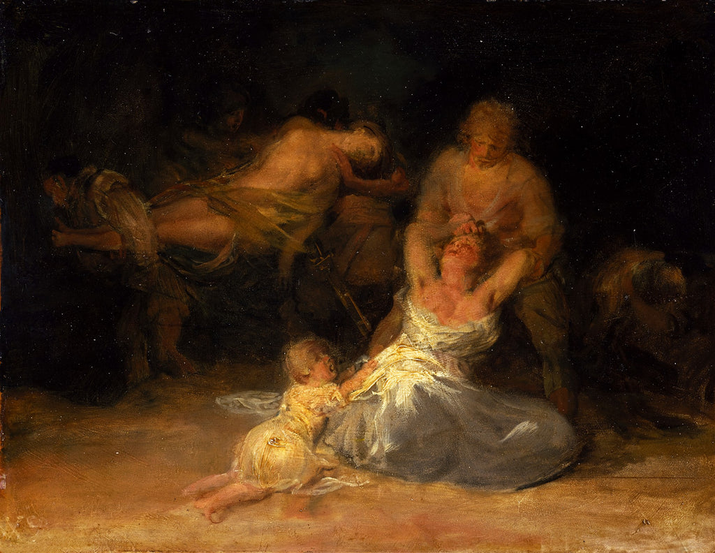 Quadro decorativo 'A Morte de Santo Alberto' de Francisco de Goya, retratando uma cena dramática com figuras em penumbra e um bebê no primeiro plano. A luz incide sobre a figura central, criando um contraste intenso.