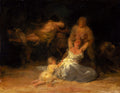 Quadro decorativo 'A Morte de Santo Alberto' de Francisco de Goya, retratando uma cena dramática com figuras em penumbra e um bebê no primeiro plano. A luz incide sobre a figura central, criando um contraste intenso.