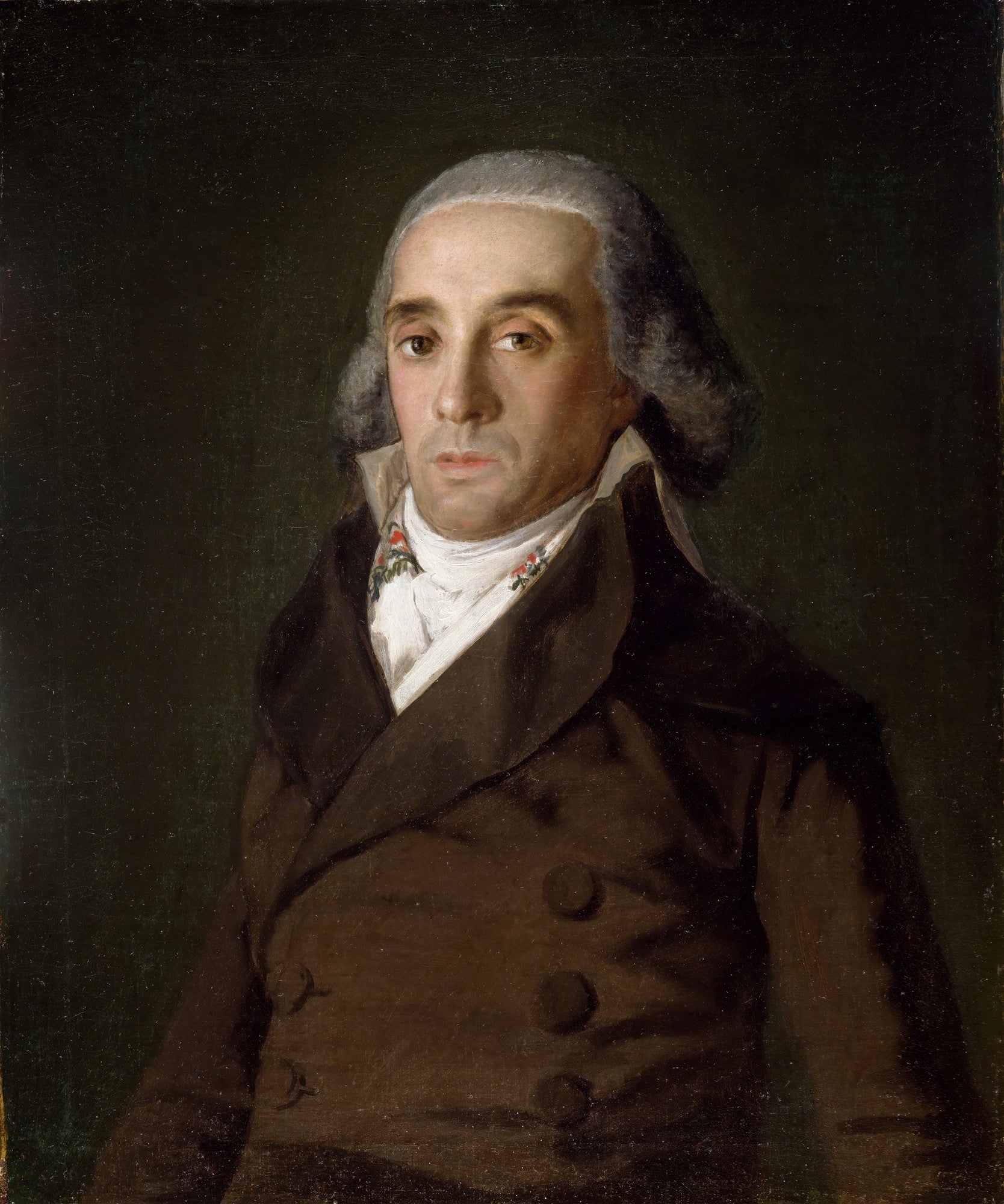 Retrato de um cavalheiro com peruca grisalha e casaco marrom, atribuído a Francisco de Goya, em um fundo escuro. A obra é um exemplo de pintura de retrato do século XVIII.