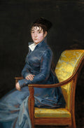 Retrato de 'A Dama de Azul' de Francisco de Goya, mostrando uma mulher jovem de vestido azul e cabelo escuro sentada em uma cadeira dourada contra um fundo escuro.