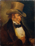 Quadro decorativo 'O Gargalhada' de Francisco de Goya, retratando um homem idoso com um chapéu alto e um sorriso largo e enrugado, em tons terrosos e escuros.