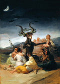 Quadro decorativo 'O Sabá das Bruxas' de Francisco de Goya, mostrando uma figura demoníaca de bode com chifres e grinalda, rodeada por bruxas e figuras esqueléticas sob um céu noturno com lua crescente e morcegos, transmitindo uma atmosfera sombria e ritualística.