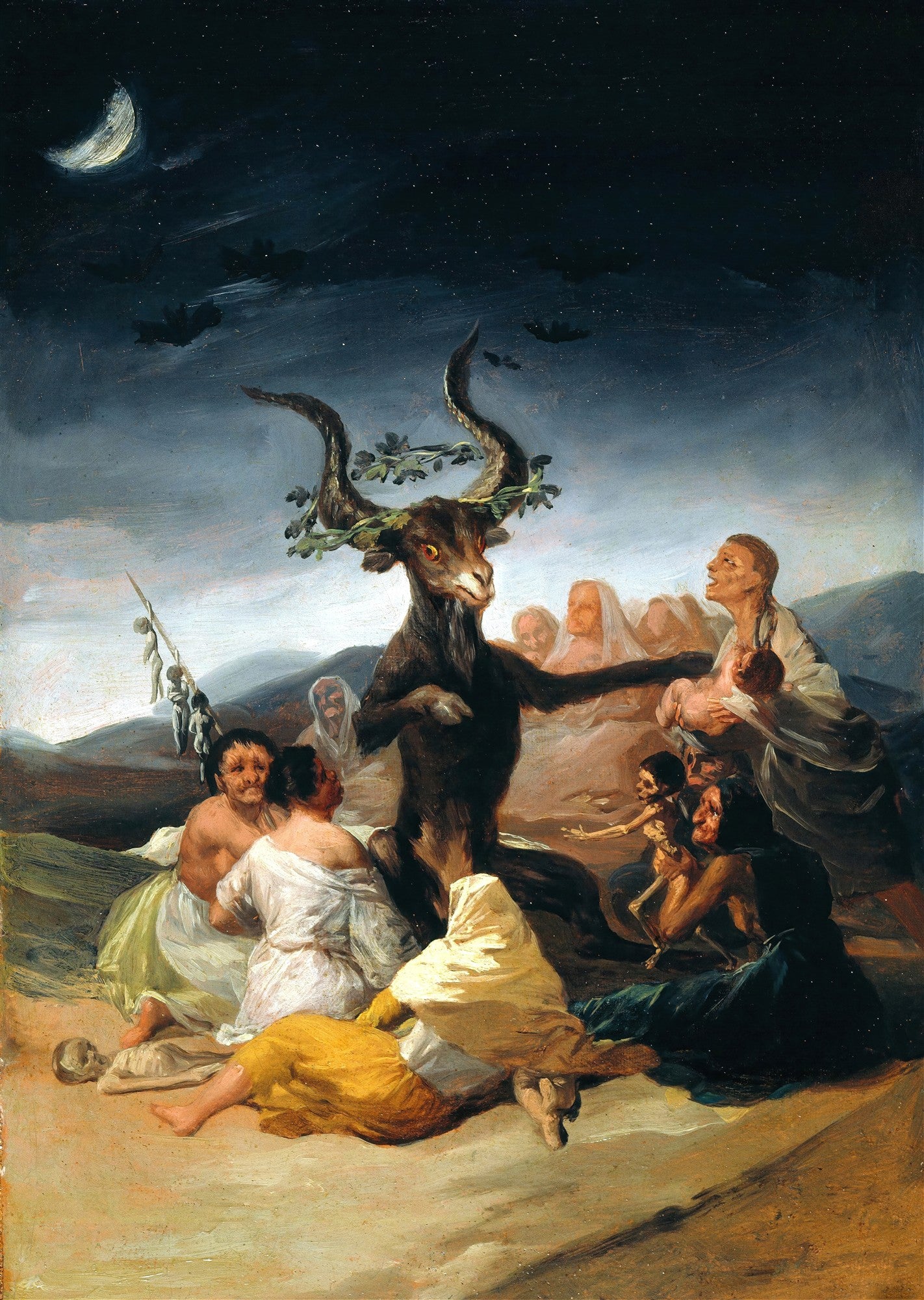 Quadro decorativo 'O Sabá das Bruxas' de Francisco de Goya, mostrando uma figura demoníaca de bode com chifres e grinalda, rodeada por bruxas e figuras esqueléticas sob um céu noturno com lua crescente e morcegos, transmitindo uma atmosfera sombria e ritualística.