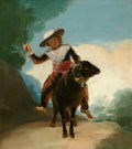 Quadro decorativo 'Menino no Carneiro' de Francisco de Goya, retratando um menino em trajes coloridos montado em um carneiro em uma paisagem verde e céu azul.