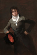 Quadro decorativo com retrato de um jovem com chapéu na mão, obra atribuída a Francisco de Goya.