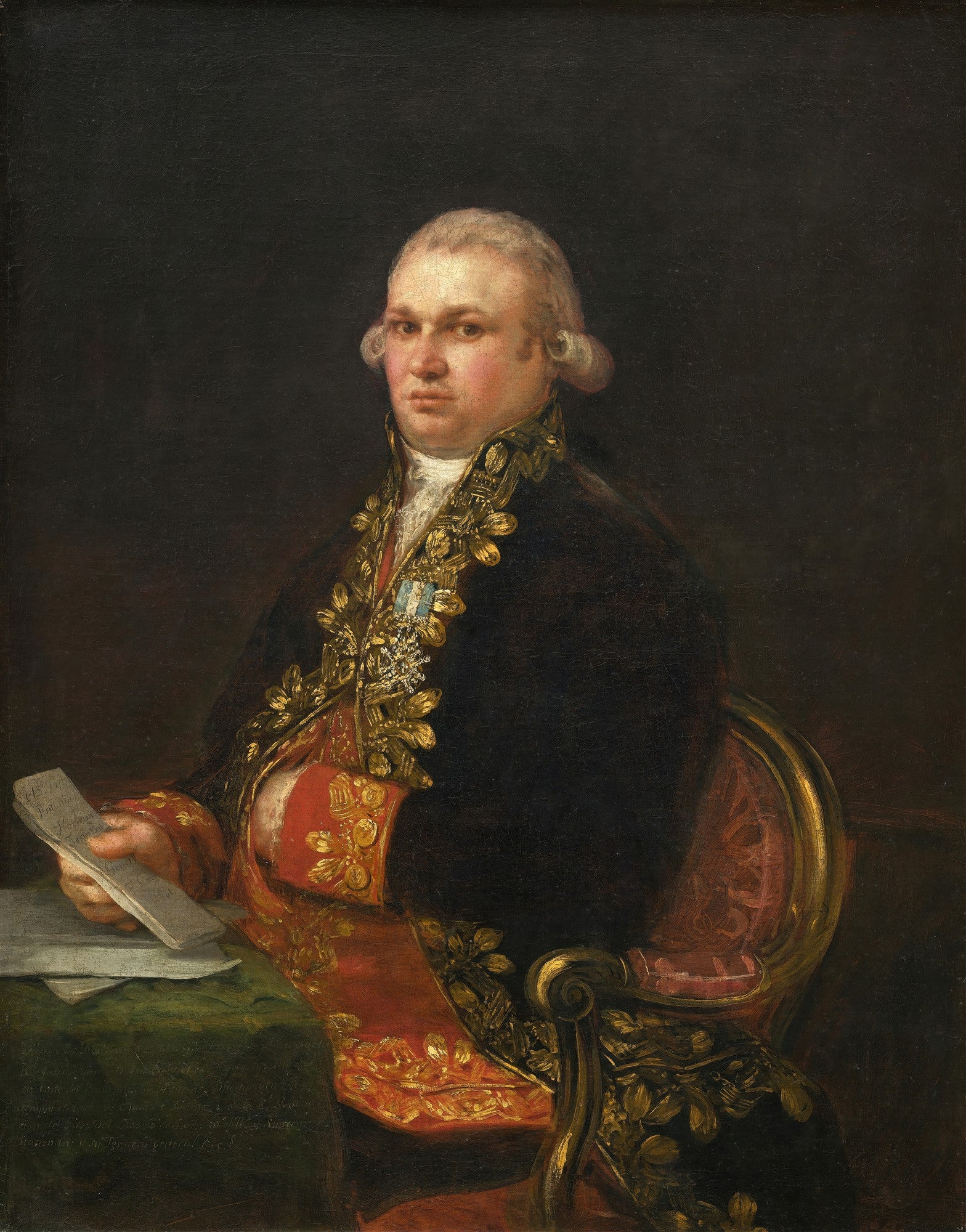 Retrato a óleo de Manuel Godoy, Primeiro-Ministro espanhol, pintado por Francisco de Goya. Ele veste um casaco escuro adornado com detalhes dourados e uma faixa vermelha, sentado em uma cadeira elegante e segurando papéis.