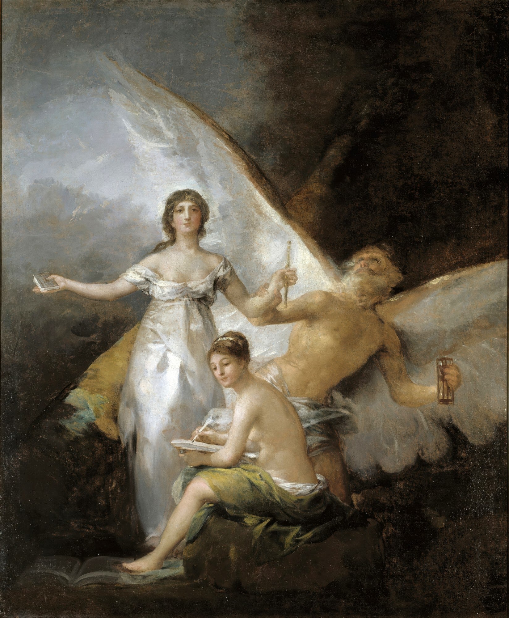 Quadro decorativo 'A Verdade, o Tempo e a História' de Francisco de Goya, mostrando figuras alegóricas em um fundo escuro e dramático. A Verdade é uma mulher nua em branco, o Tempo é um homem alado e uma terceira figura feminina escreve.