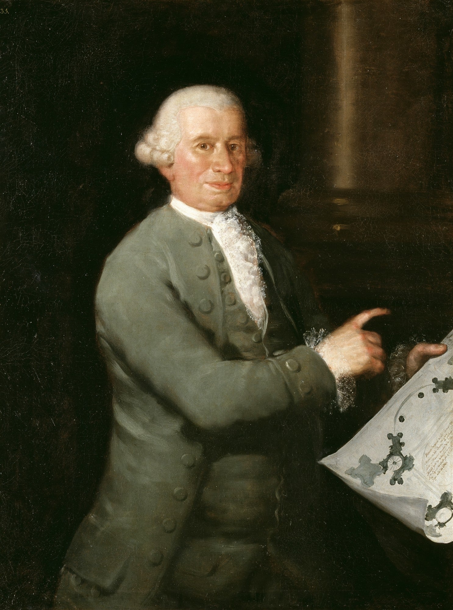 Retrato de George Byres, pintura a óleo de Francisco de Goya, um homem de peruca branca, casaco verde-acinzentado e jabot branco, apontando para um mapa ou documento