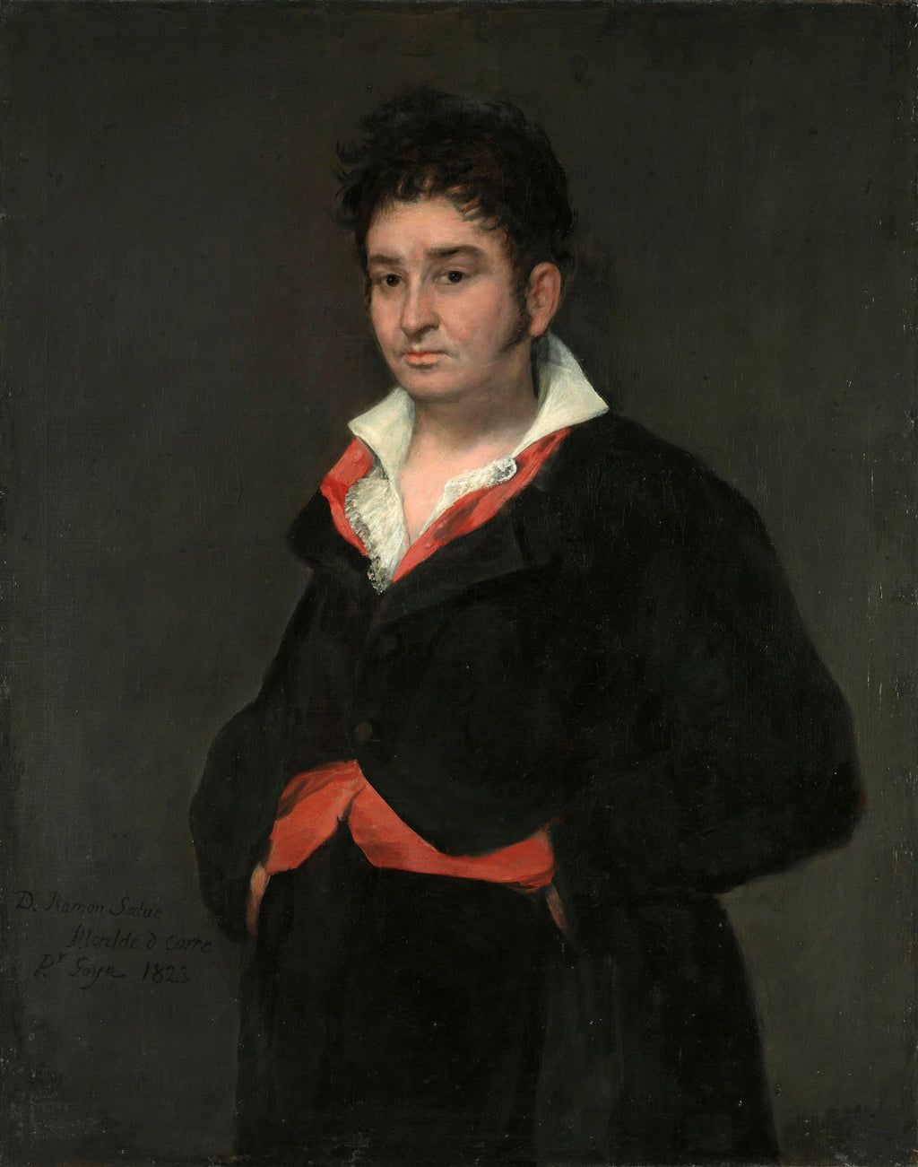 Retrato de D. Ramón Satue, por Francisco de Goya, com figura masculina de olhar pensativo em casaco escuro e faixa vermelha