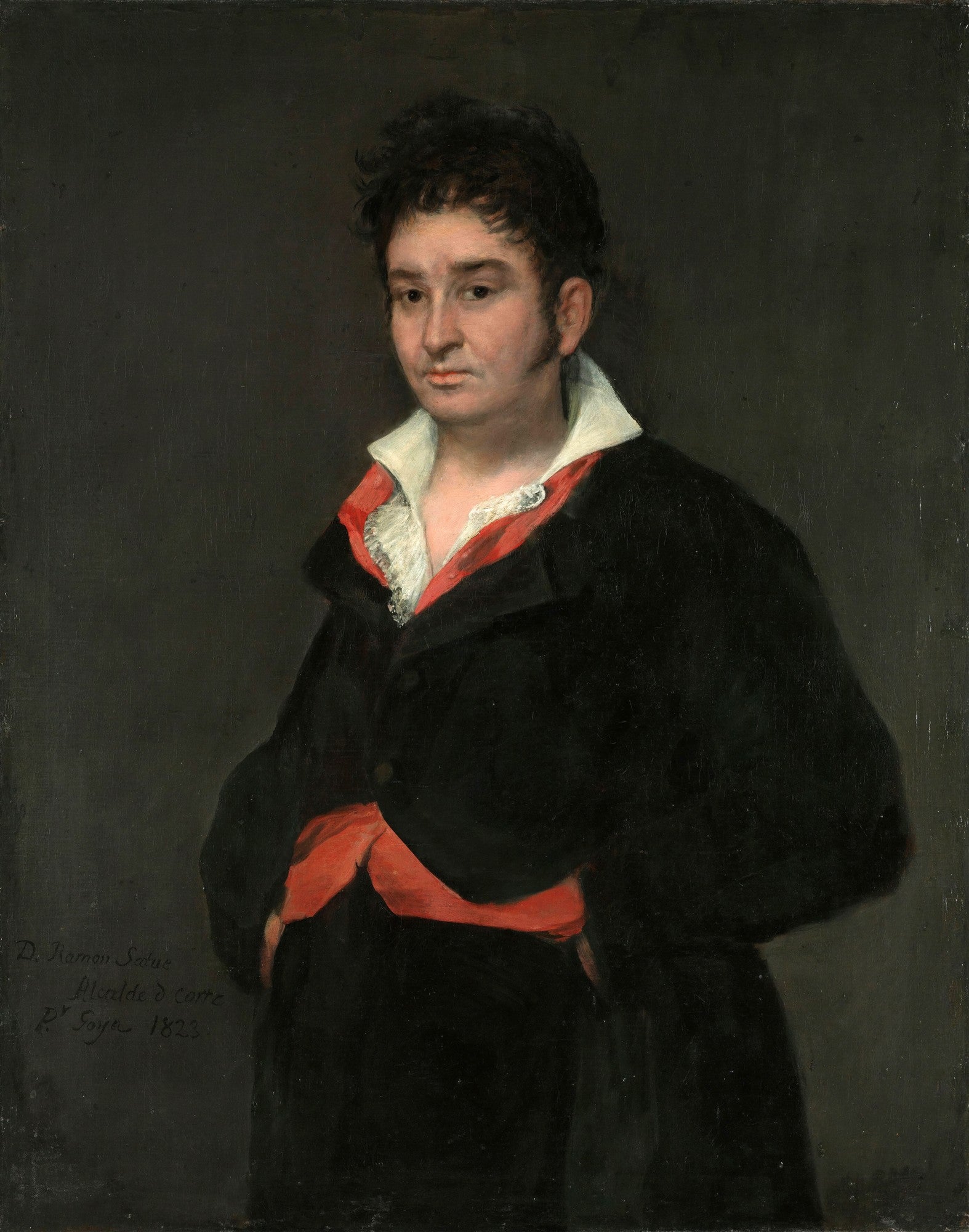 Retrato de D. Ramón Satue, por Francisco de Goya, com figura masculina de olhar pensativo em casaco escuro e faixa vermelha