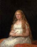 Retrato de uma mulher grávida com cabelos longos e ruivos, vestindo um vestido branco, sentada em um estofado vermelho, atribuído a Francisco de Goya.