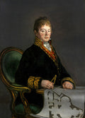 Retrato de Juan de Villanueva, obra atribuída a Francisco de Goya, com o arquiteto sentado e segurando um compasso sobre uma planta arquitetônica.