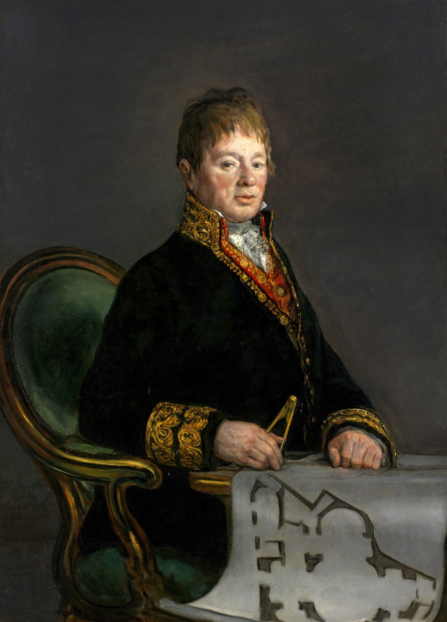 Retrato de Juan de Villanueva, obra atribuída a Francisco de Goya, com o arquiteto sentado e segurando um compasso sobre uma planta arquitetônica.