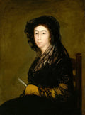 Retrato de uma senhora em tons escuros com véu preto, atribuído a Goya. A mulher tem expressão serena e segura um leque.