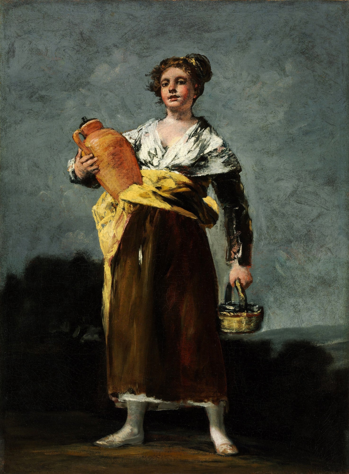 Quadro decorativo 'A Aguadora' de Francisco de Goya, com uma mulher carregando um cântaro em um fundo cinzento-azulado.