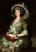 Retrato em óleo de uma senhora sentada com um chapéu grande e uma caixa vermelha nas mãos, fundo escuro. Atribuído a Goya.