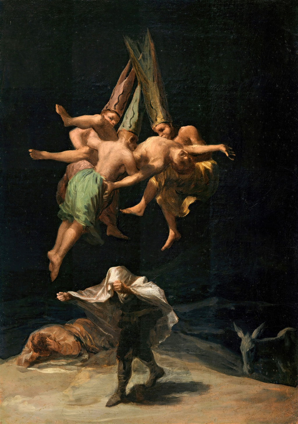 Quadro "El Vuelo de las Brujas" de Francisco de Goya, com figuras flutuantes escuras acima de um homem assustado no solo, com um burro ao lado. A pintura evoca terror e mistério.