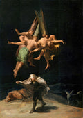 Quadro "El Vuelo de las Brujas" de Francisco de Goya, com figuras flutuantes escuras acima de um homem assustado no solo, com um burro ao lado. A pintura evoca terror e mistério.