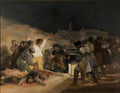 Pintura de Goya "O Três de Maio de 1808" retratando execução noturna de civis espanhóis por soldados franceses, com um homem de camisa branca com os braços erguidos em destaque