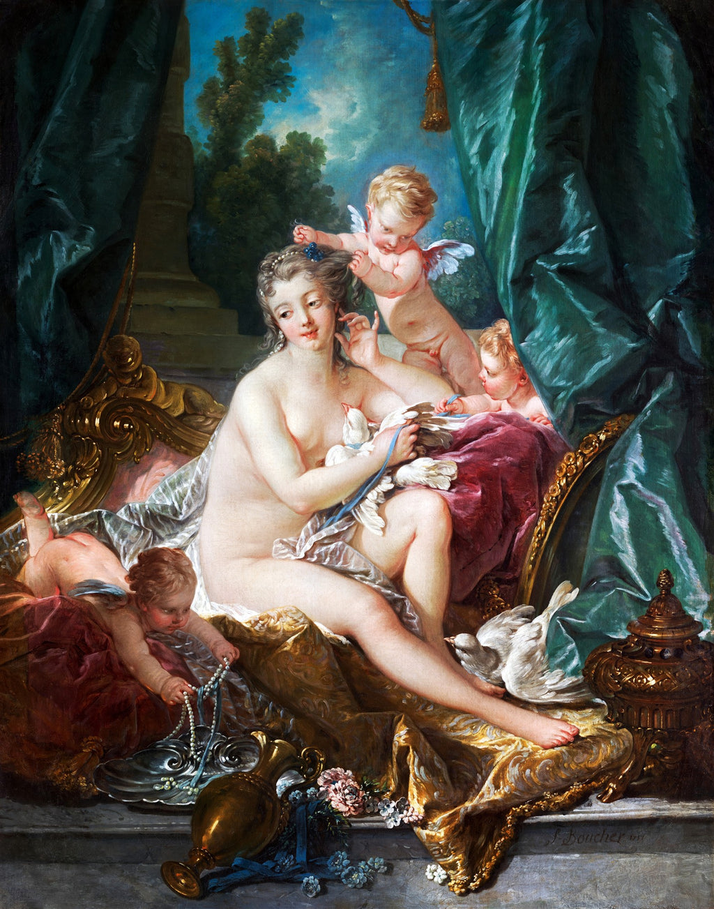 Quadro decorativo mostrando Vênus nua, rodeada por querubins e pombas, em uma cena mitológica Rococó de François Boucher.