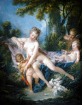 Quadro decorativo "O Banho de Vênus" de François Boucher, retratando a deusa Vênus nua com cupidos e pombas em um cenário natural exuberante, com tons pastéis e luz suave.