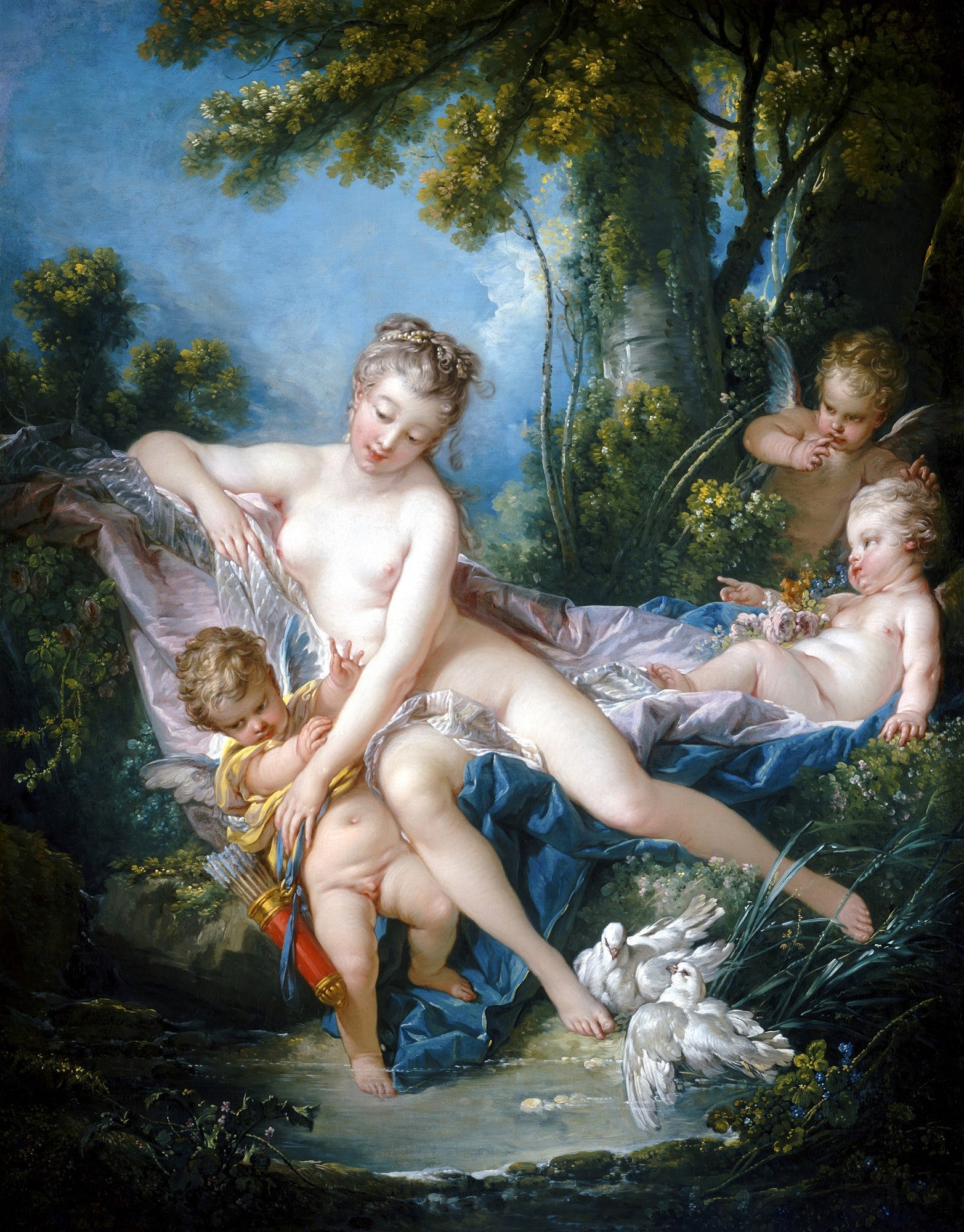 Quadro decorativo "O Banho de Vênus" de François Boucher, retratando a deusa Vênus nua com cupidos e pombas em um cenário natural exuberante, com tons pastéis e luz suave.