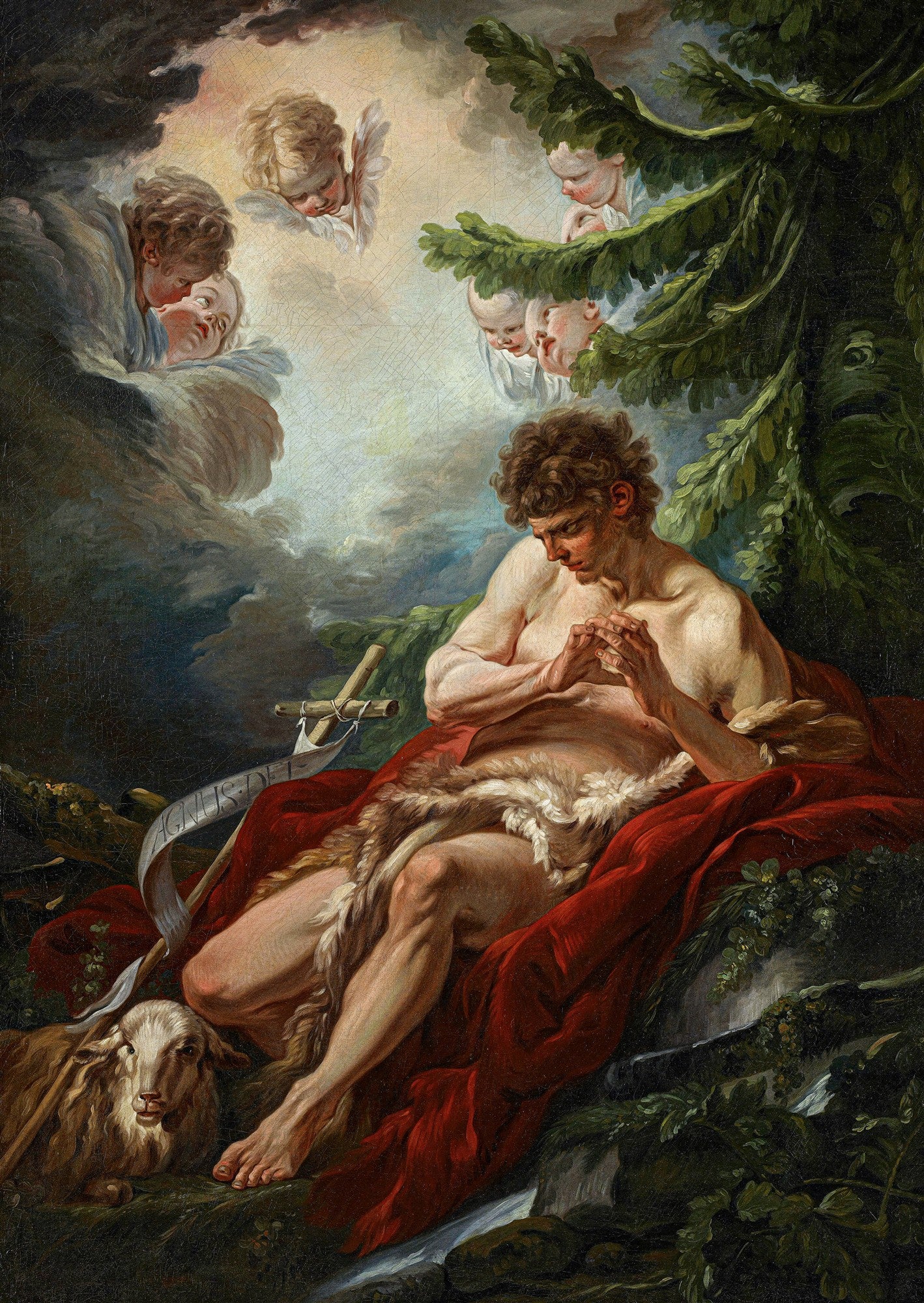 Quadro 'São João Batista no Deserto' de François Boucher, mostrando o santo ajoelhado em oração, com um cordeiro, um cajado e anjos celestiais ao fundo.
