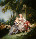Quadro decorativo mostrando duas mulheres em trajes rococó, sentadas em um cenário campestre com ovelhas e um cão, sob a sombra de árvores, com uma estátua de leão ao fundo. Obra de François Boucher.