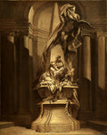 Quadro monocromático em tons de sépia e marrom, representando uma cena mitológica com figuras esculpidas em um pedestal. No centro, uma figura feminina ajoelhada em súplica, ao lado de outra figura. Acima, um anjo com asas e uma foice, envolto em panos esvoaçantes. A composição é teatral, com colunas e arquitetura clássica ao fundo, sugerindo um templo ou mausoléu. A luz incide dramaticamente sobre as figuras, realçando os detalhes e a emoção da cena.