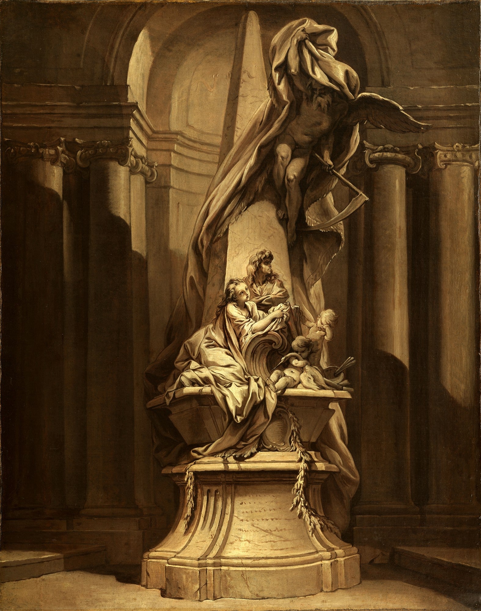 Quadro monocromático em tons de sépia e marrom, representando uma cena mitológica com figuras esculpidas em um pedestal. No centro, uma figura feminina ajoelhada em súplica, ao lado de outra figura. Acima, um anjo com asas e uma foice, envolto em panos esvoaçantes. A composição é teatral, com colunas e arquitetura clássica ao fundo, sugerindo um templo ou mausoléu. A luz incide dramaticamente sobre as figuras, realçando os detalhes e a emoção da cena.