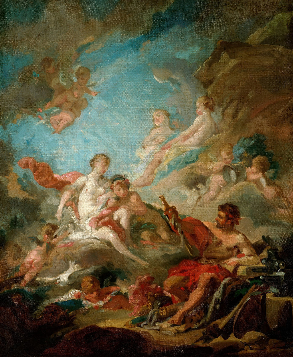 Quadro decorativo com pintura mitológica de François Boucher, "Apolo Revelando sua Divindade a Isse", com figuras celestiais e Apolo em nuvens, em estilo rococó.