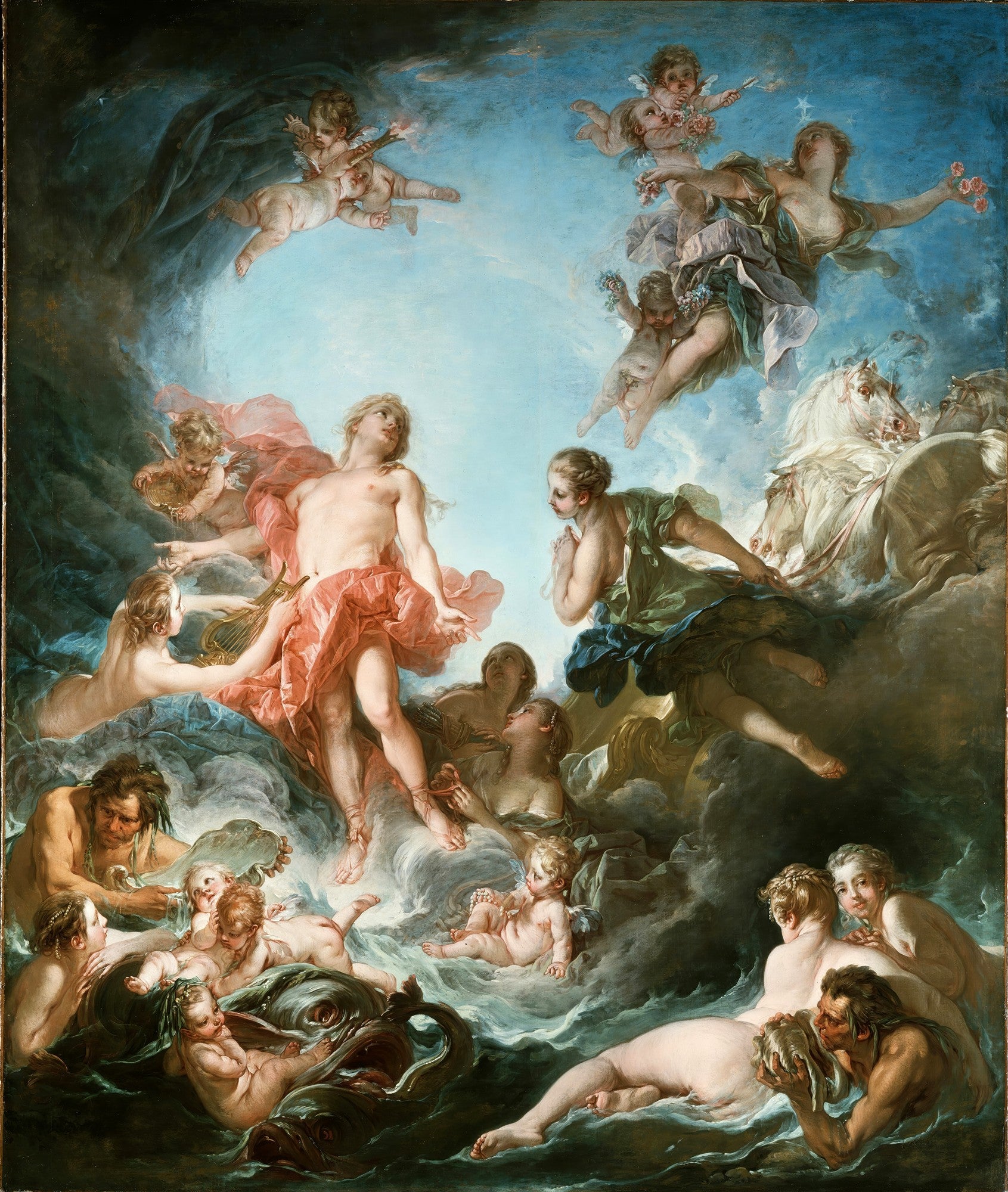Pintura rococó de François Boucher, O Nascer do Sol, mostrando figuras mitológicas, deuses e anjos em nuvens etéreas, com Apolo no centro.