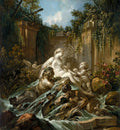 Quadro decorativo com a obra 'A Fonte de Vênus' de François Boucher, representando a deusa nua em uma fonte com ninfas, cupidos e criaturas marinhas em meio a ruínas e folhagens exuberantes, com tons pastel e detalhes dourados.