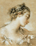 Desenho a giz e carvão em tons de sépia e marrom de uma figura feminina de perfil, com os olhos fechados e as mãos delicadamente postas, atribuído a François Boucher.