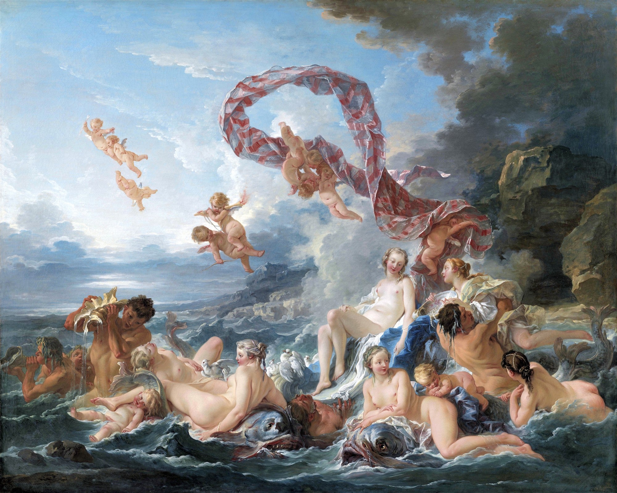Quadro decorativo 'O Triunfo de Vênus' de François Boucher, mostrando a deusa emergindo do mar com ninfas, tritões e cupidos em um cenário mitológico rococó.